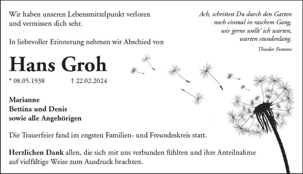  Traueranzeige für Hans Groh vom 09.03.2024 aus Wetzlarer Neue Zeitung