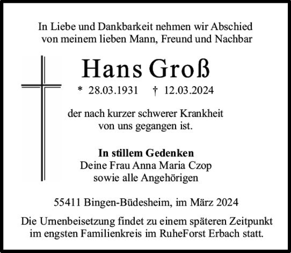  Traueranzeige für Hans Groß vom 23.03.2024 aus Allgemeine Zeitung Bingen/Ingelheim