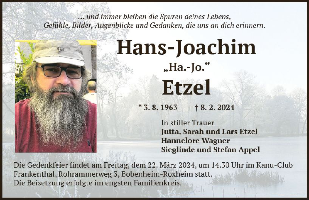  Traueranzeige für Hans-Joachim Etzel vom 02.03.2024 aus Wormser Zeitung