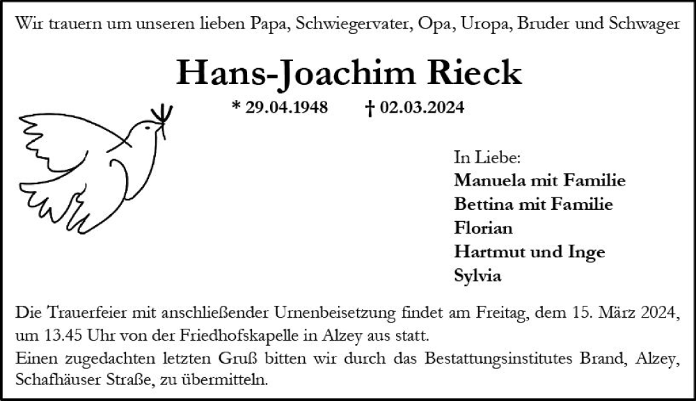  Traueranzeige für Hans-Joachim Rieck vom 09.03.2024 aus Allgemeine Zeitung Alzey