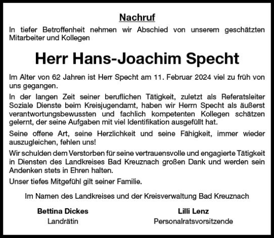 Traueranzeige von Hans-Joachim Specht von Allgemeine Zeitung Bad Kreuznach