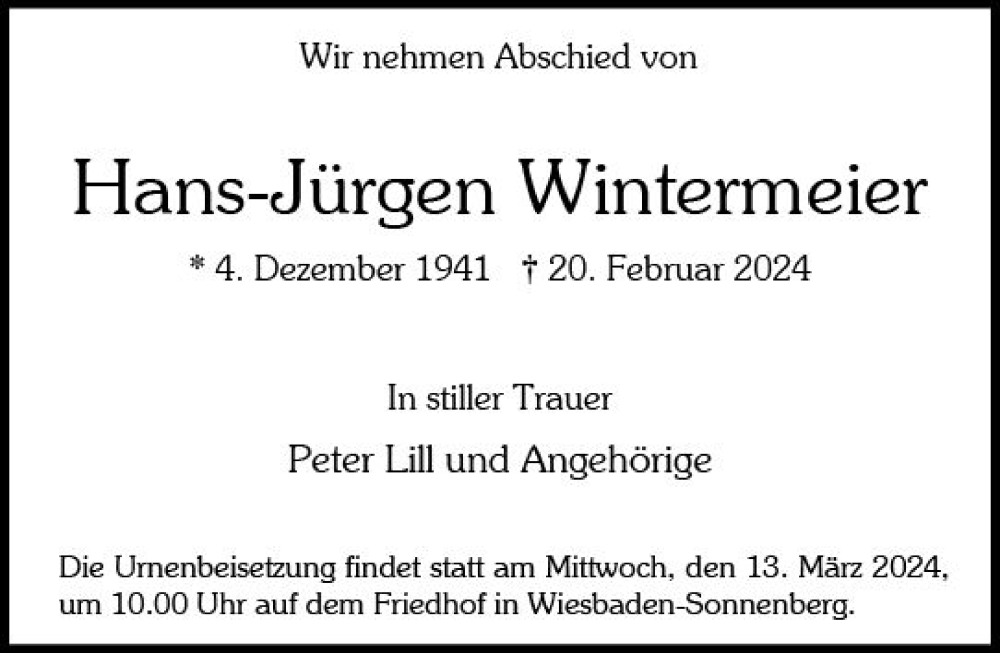  Traueranzeige für Hans-Jürgen Wintermeyer vom 09.03.2024 aus Wiesbadener Kurier