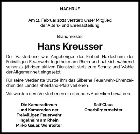 Traueranzeige von Hans Kreusser von Allgemeine Zeitung Bingen/Ingelheim