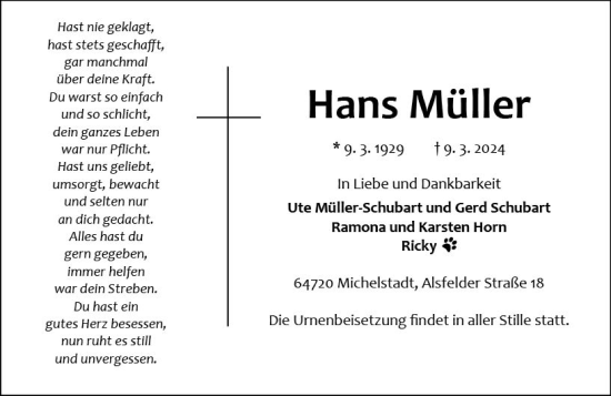 Traueranzeige von Hans Müller von Odenwälder Echo