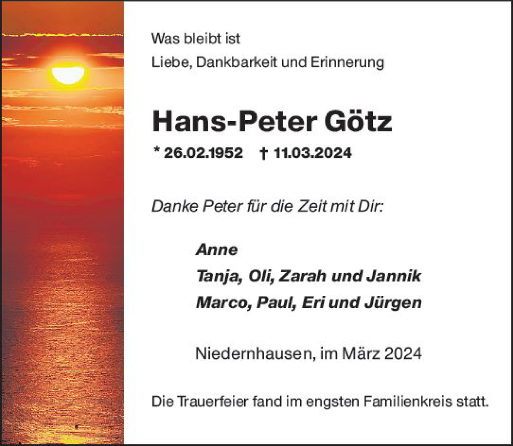  Traueranzeige für Hans-Peter Götz vom 23.03.2024 aus Bergsträßer Anzeiger