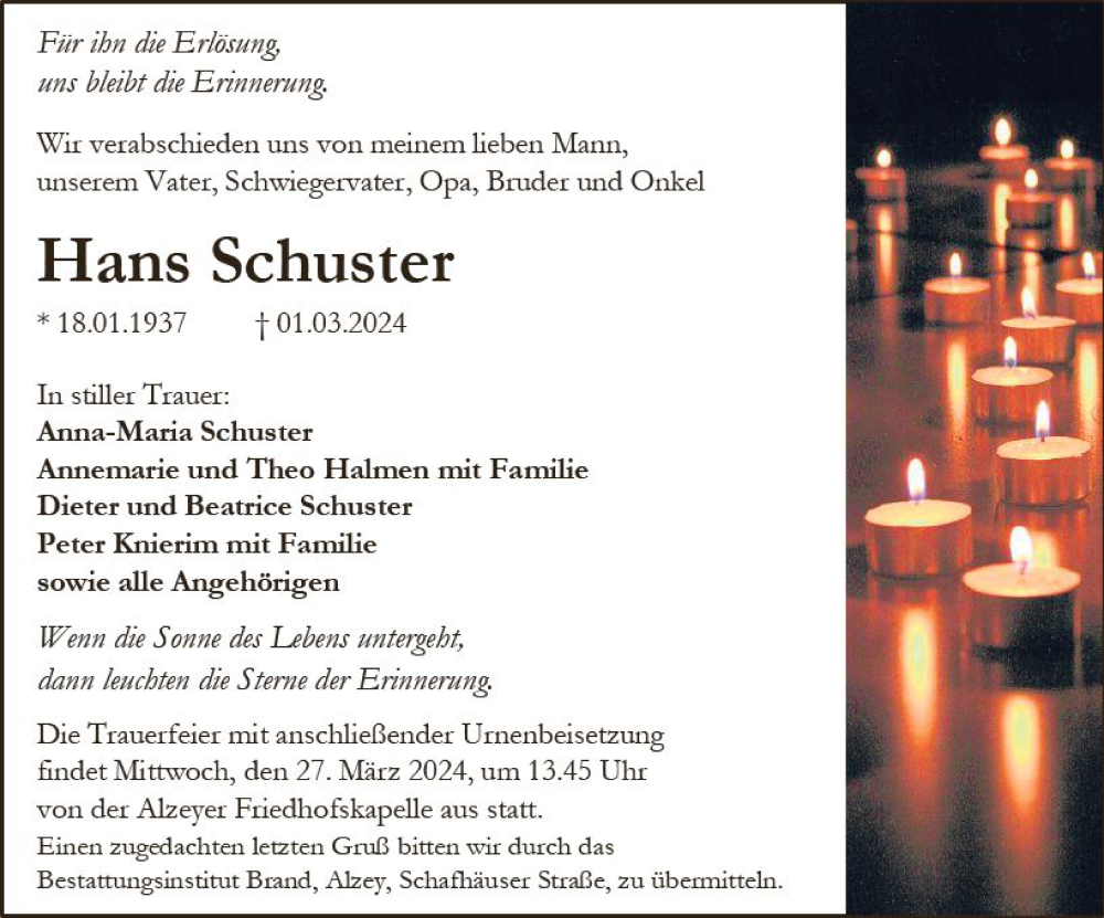  Traueranzeige für Hans Schuster vom 09.03.2024 aus Allgemeine Zeitung Alzey