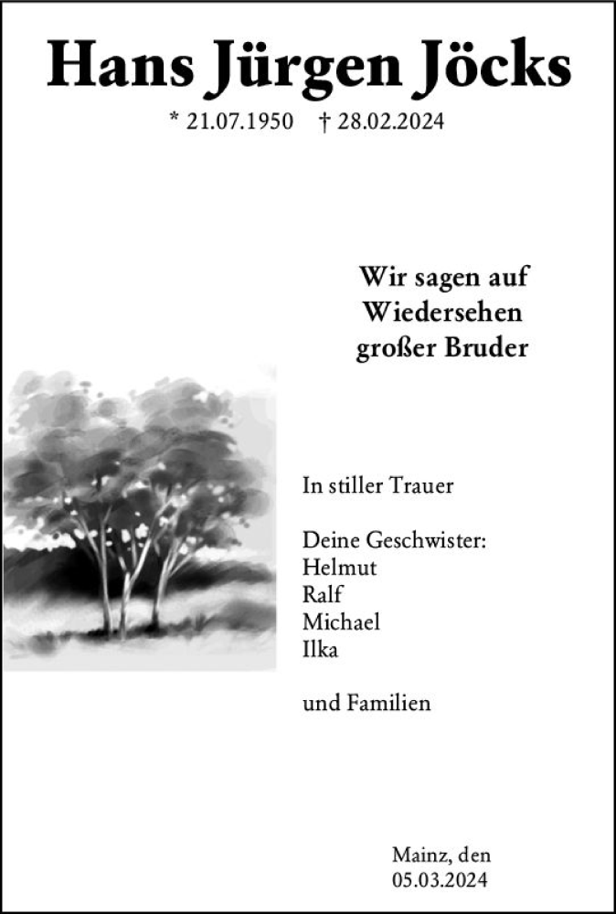 Traueranzeige für Hans Jürgen Jöcks vom 09.03.2024 aus Allgemeine Zeitung Mainz