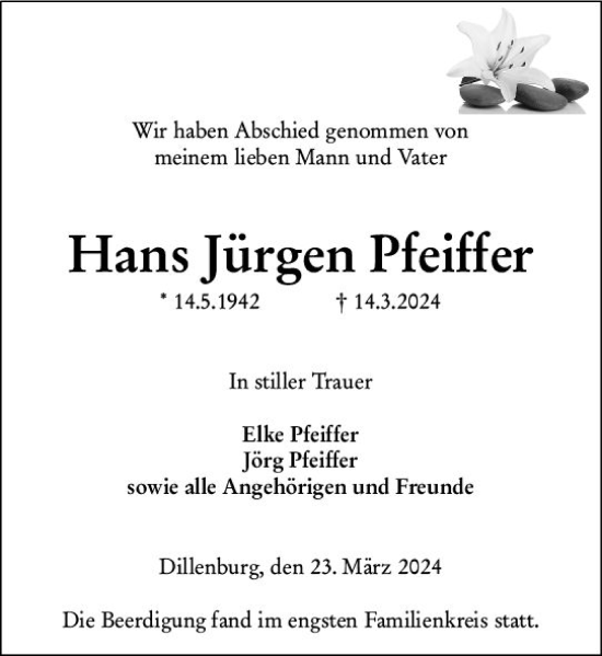 Traueranzeige von Hans Jürgen Pfeiffer von Dill Block