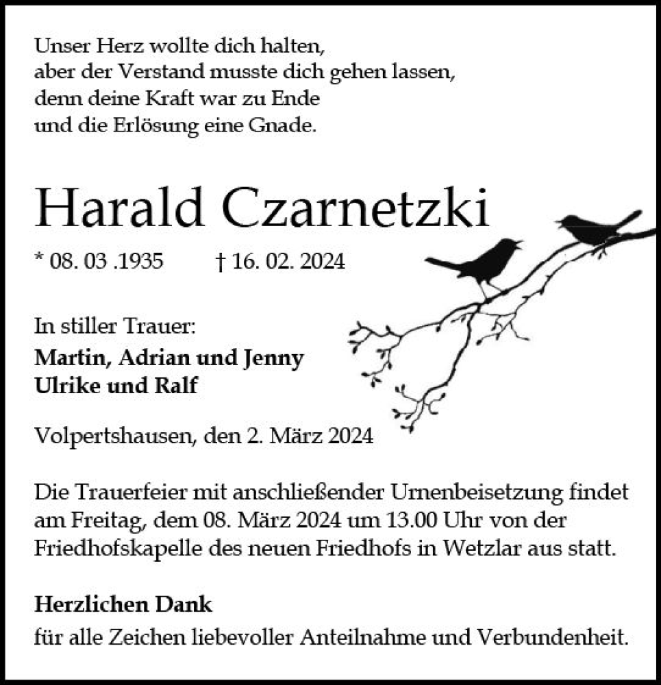  Traueranzeige für Harald Czarnetzki vom 02.03.2024 aus Wetzlarer Neue Zeitung