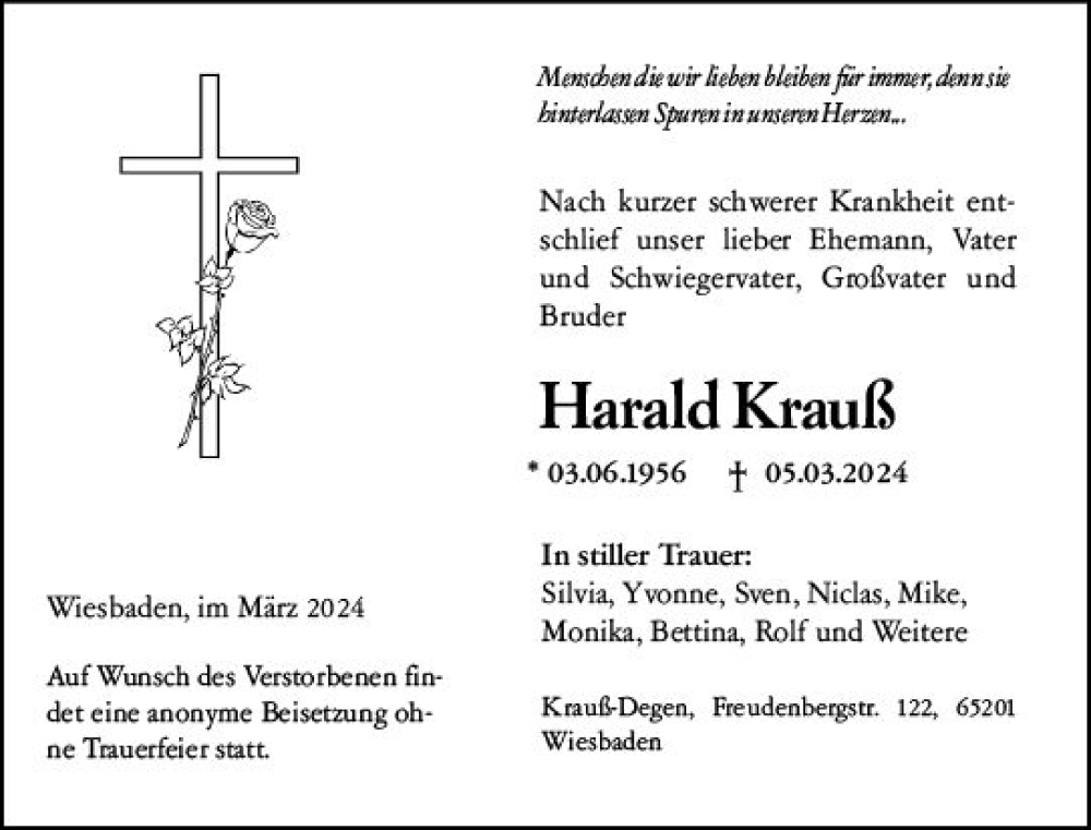  Traueranzeige für Harald Krauß vom 16.03.2024 aus Wiesbadener Kurier