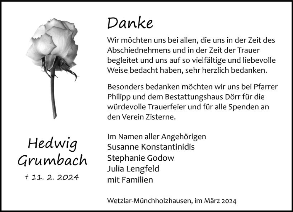  Traueranzeige für Hedwig Grumbach vom 02.03.2024 aus Wetzlarer Neue Zeitung