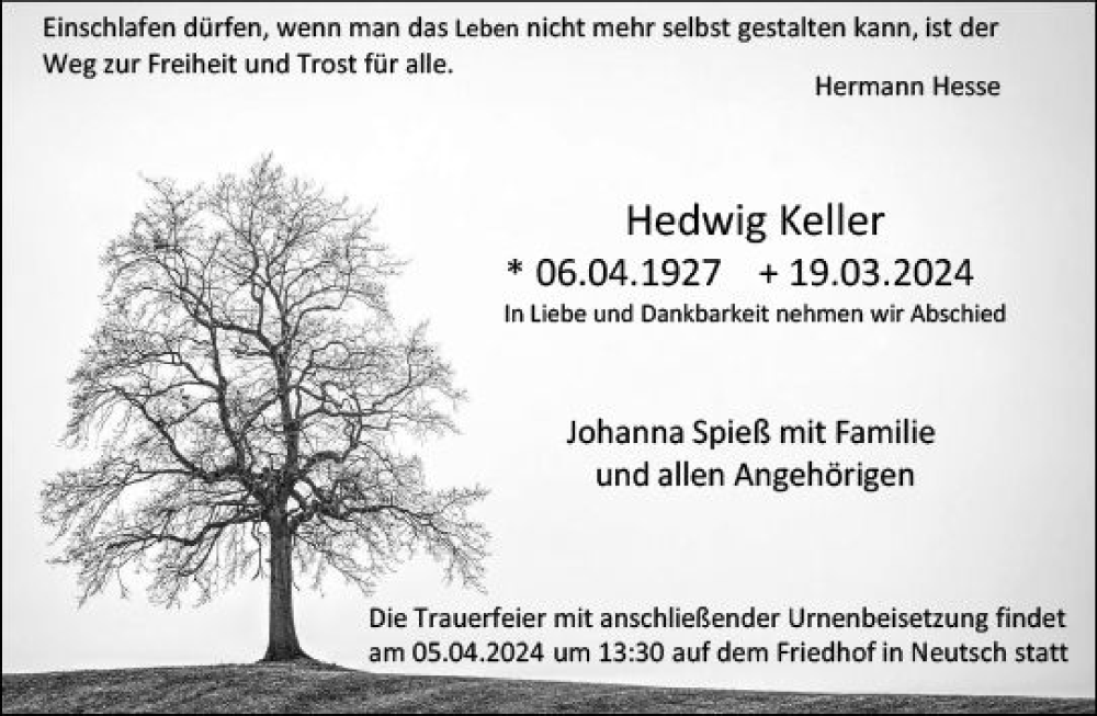  Traueranzeige für Hedwig Keller vom 30.03.2024 aus Darmstädter Echo
