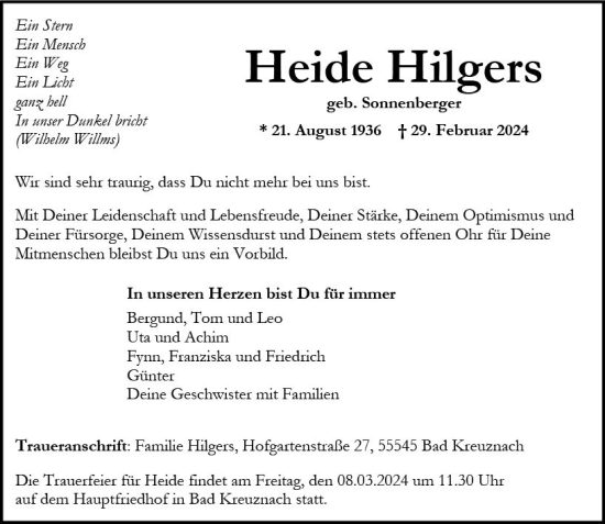 Traueranzeige von Heide Hilgers von Allgemeine Zeitung Bad Kreuznach