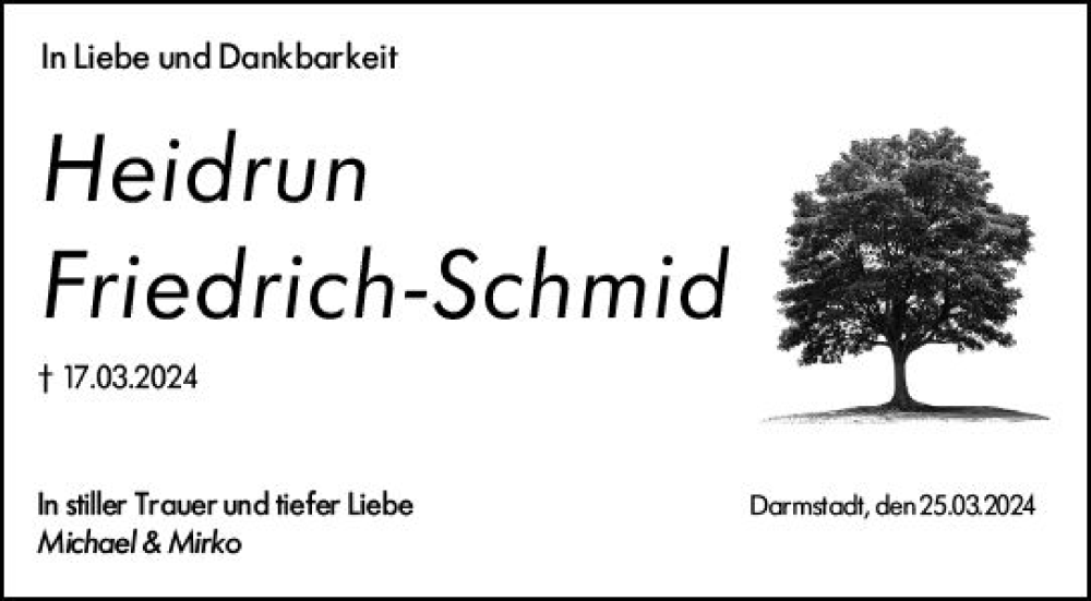  Traueranzeige für Heidrun Friedrich-Schmid vom 25.03.2024 aus Allgemeine Zeitung Alzey
