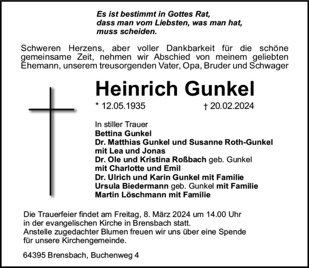  Traueranzeige für Heinrich Gunkel vom 02.03.2024 aus Odenwälder Echo