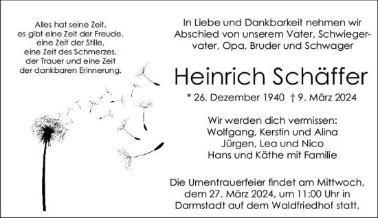 Traueranzeige von Heinrich Schäffer von Darmstädter Echo
