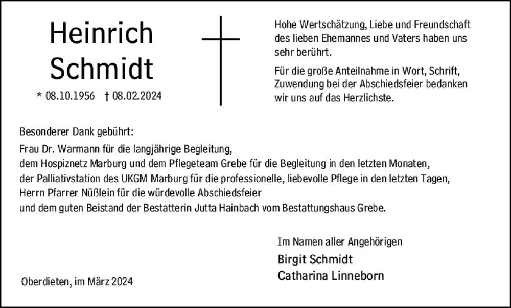  Traueranzeige für Heinrich Schmidt vom 30.03.2024 aus Hinterländer Anzeiger