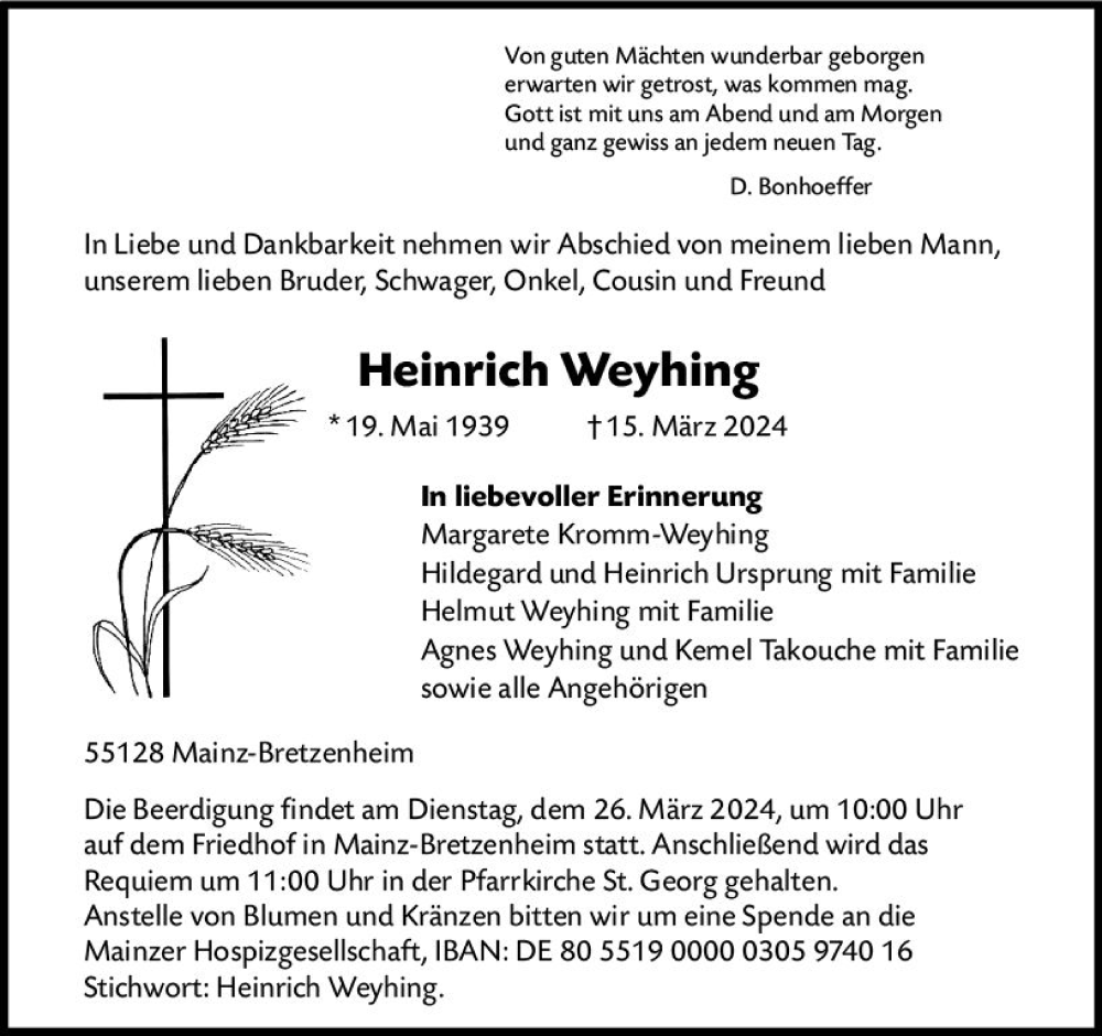  Traueranzeige für Heinrich Weyhing vom 23.03.2024 aus Allgemeine Zeitung Mainz