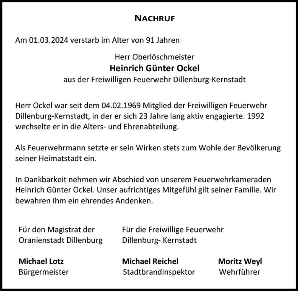  Traueranzeige für Heinrich Günter Ockel vom 23.03.2024 aus Dill Block