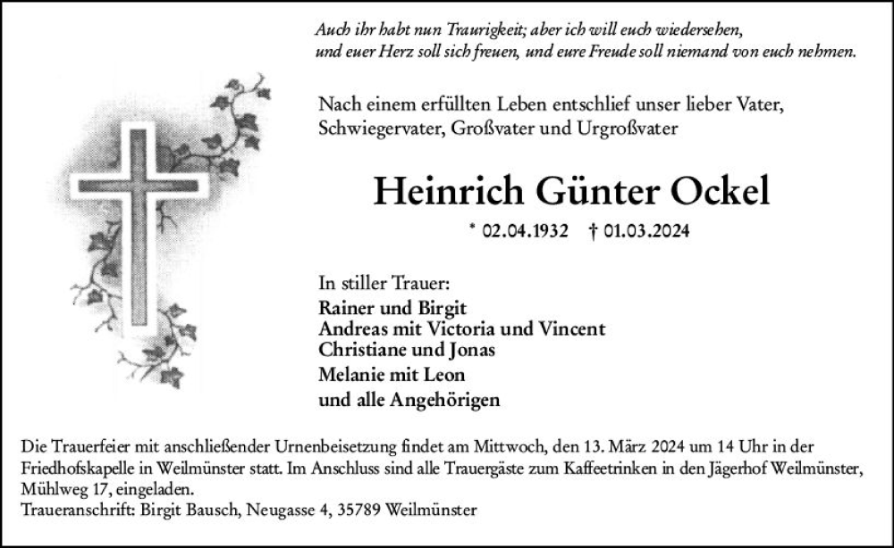  Traueranzeige für Heinrich Günter Ockel vom 09.03.2024 aus Weilburger Tageblatt