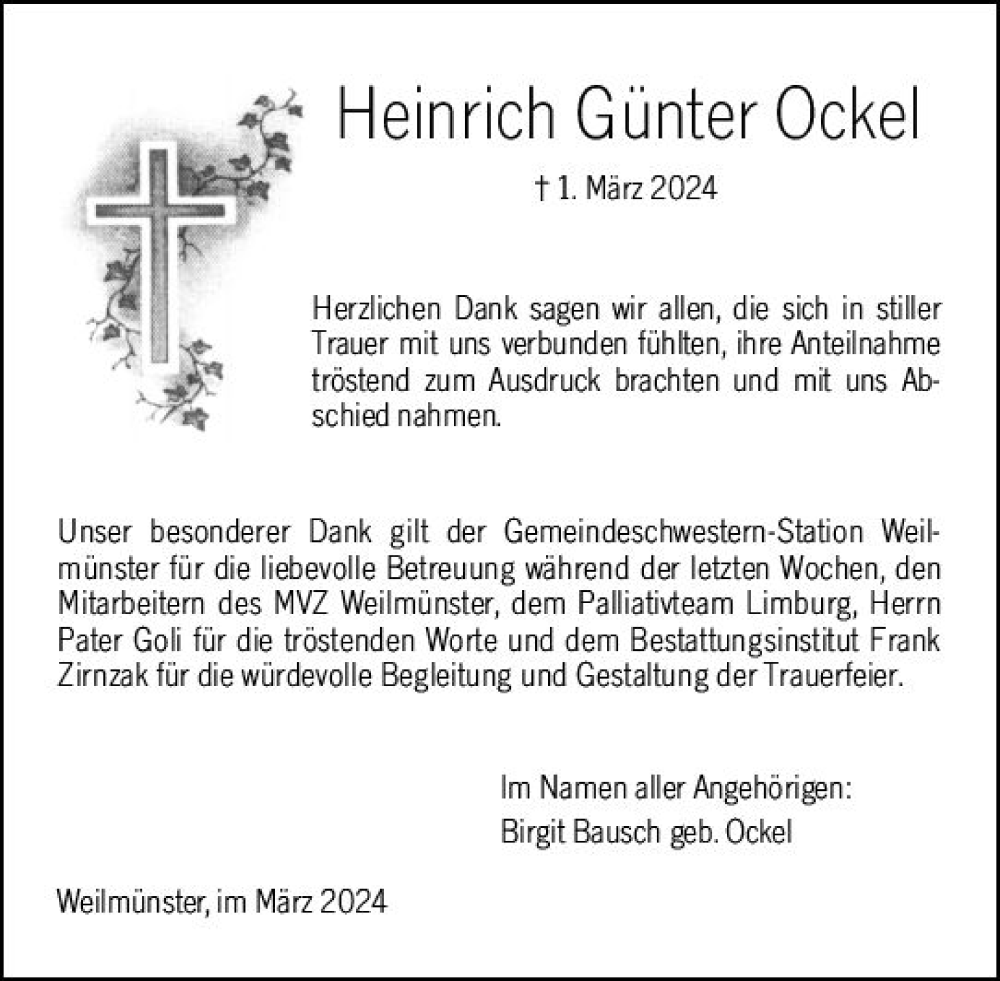  Traueranzeige für Heinrich Günter Ockel vom 30.03.2024 aus Weilburger Tageblatt