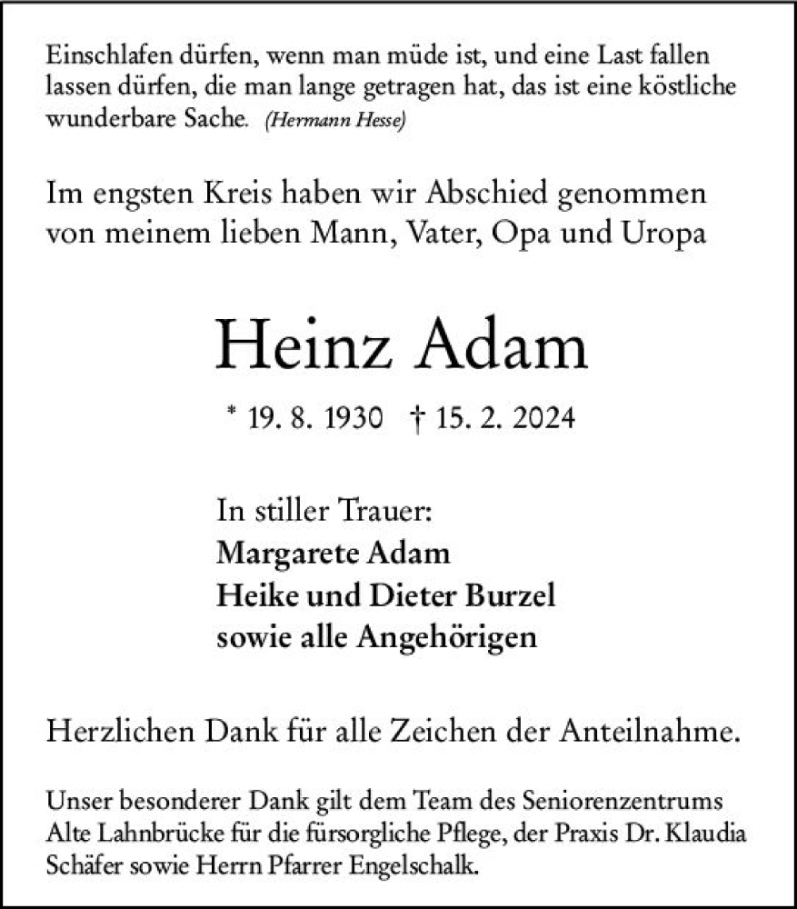  Traueranzeige für Heinz Adam vom 02.03.2024 aus Wetzlarer Neue Zeitung