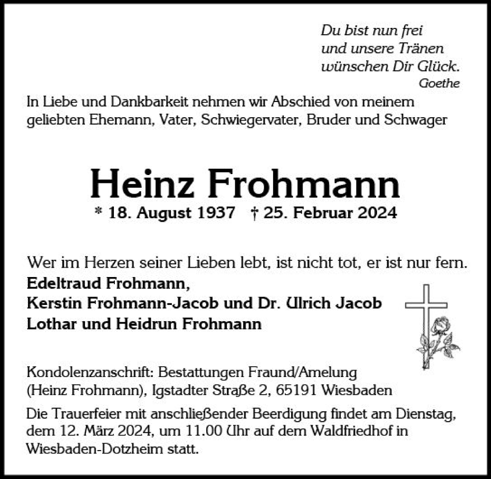  Traueranzeige für Heinz Frohmann vom 02.03.2024 aus Wiesbadener Kurier