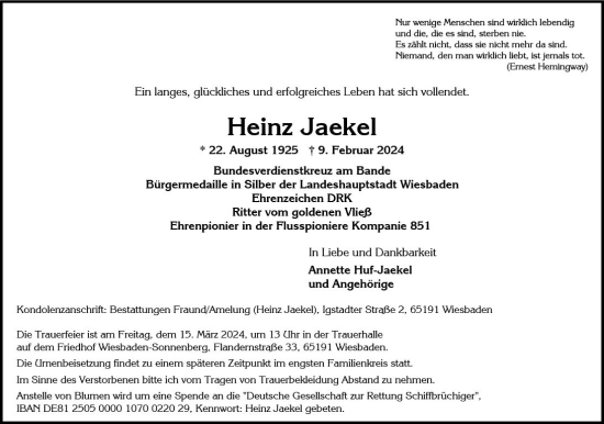 Traueranzeige von Heinz Jaekel von Wiesbadener Kurier