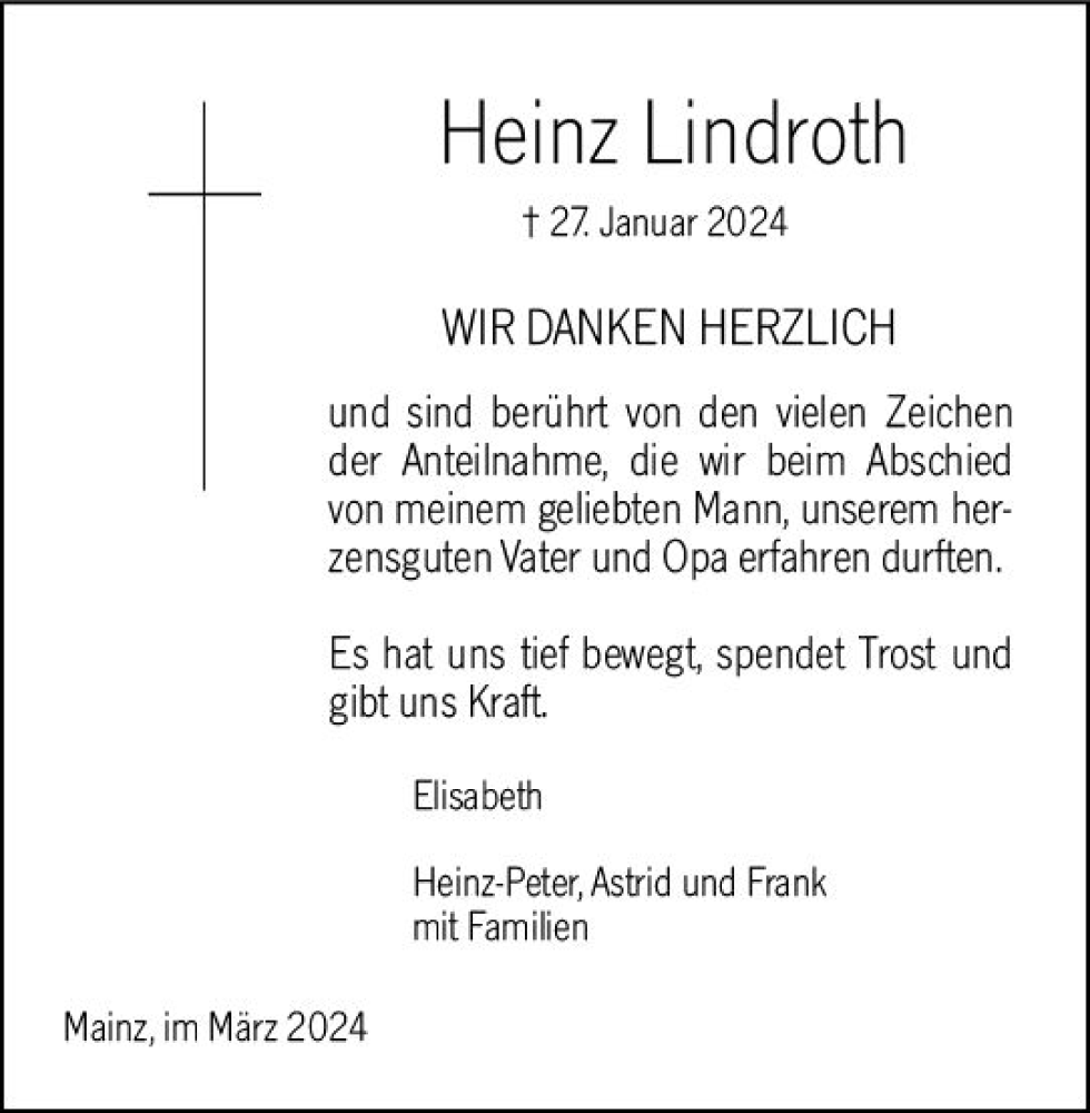  Traueranzeige für Heinz Lindroth vom 09.03.2024 aus Allgemeine Zeitung Mainz