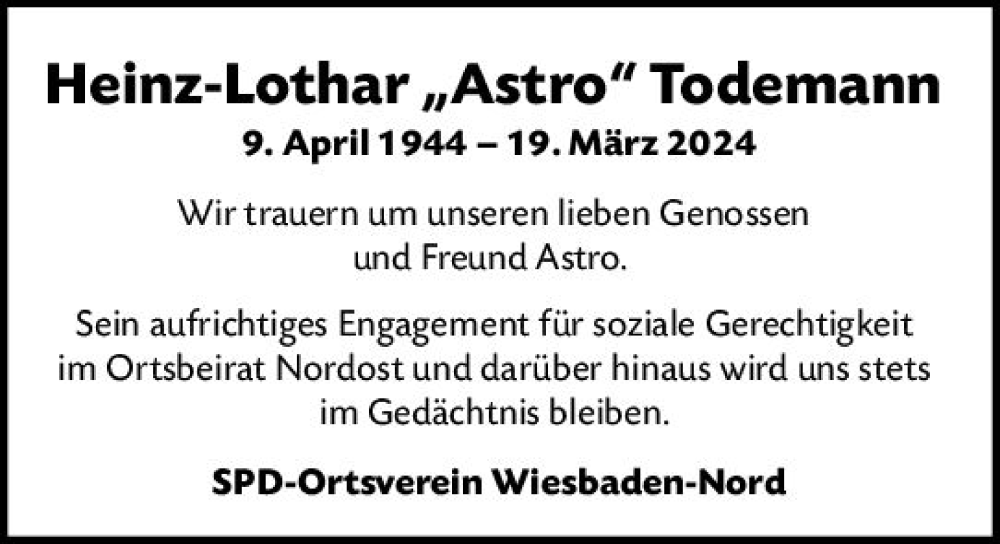  Traueranzeige für Heinz-Lothar Todemann vom 30.03.2024 aus Wiesbadener Kurier