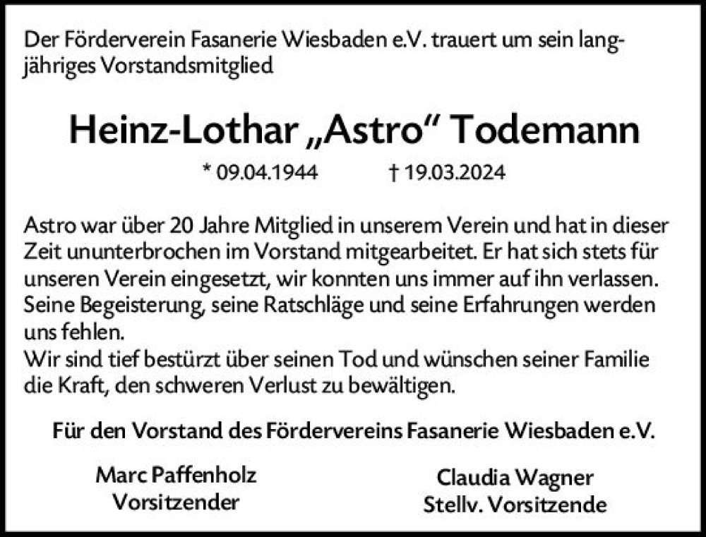  Traueranzeige für Heinz-Lothar Todemann vom 30.03.2024 aus Wiesbadener Kurier