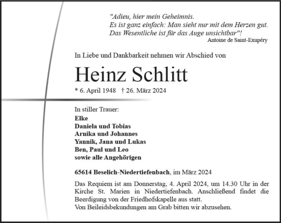 Traueranzeige von Heinz Schlitt von Nassauische Neue Presse