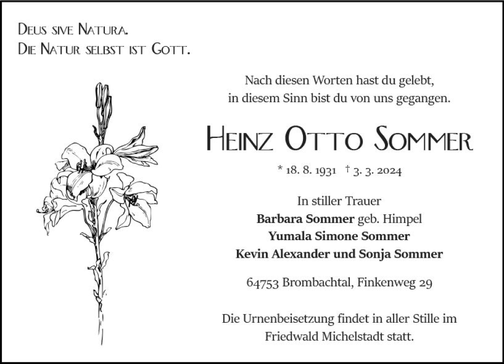  Traueranzeige für Heinz Otto Sommer vom 09.03.2024 aus Odenwälder Echo