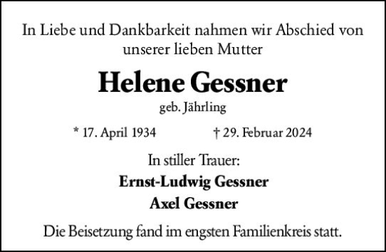 Traueranzeige von Helene Gessner von Darmstädter Echo