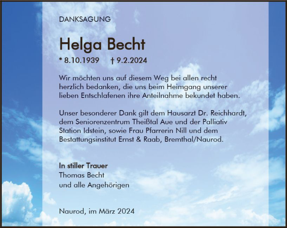  Traueranzeige für Helga Becht vom 16.03.2024 aus Wiesbadener Kurier