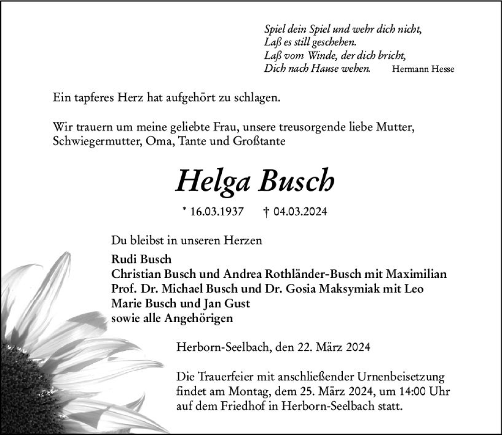  Traueranzeige für Helga Busch vom 22.03.2024 aus Dill Block