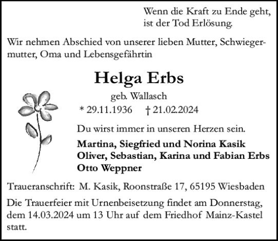 Traueranzeige von Helga Erbs von Wiesbadener Kurier