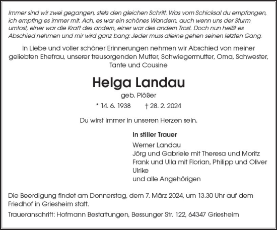 Traueranzeige von Helga Landau von Darmstädter Echo