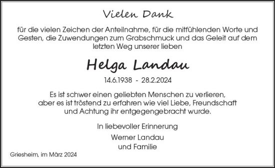 Traueranzeige von Helga Landau von Darmstädter Echo