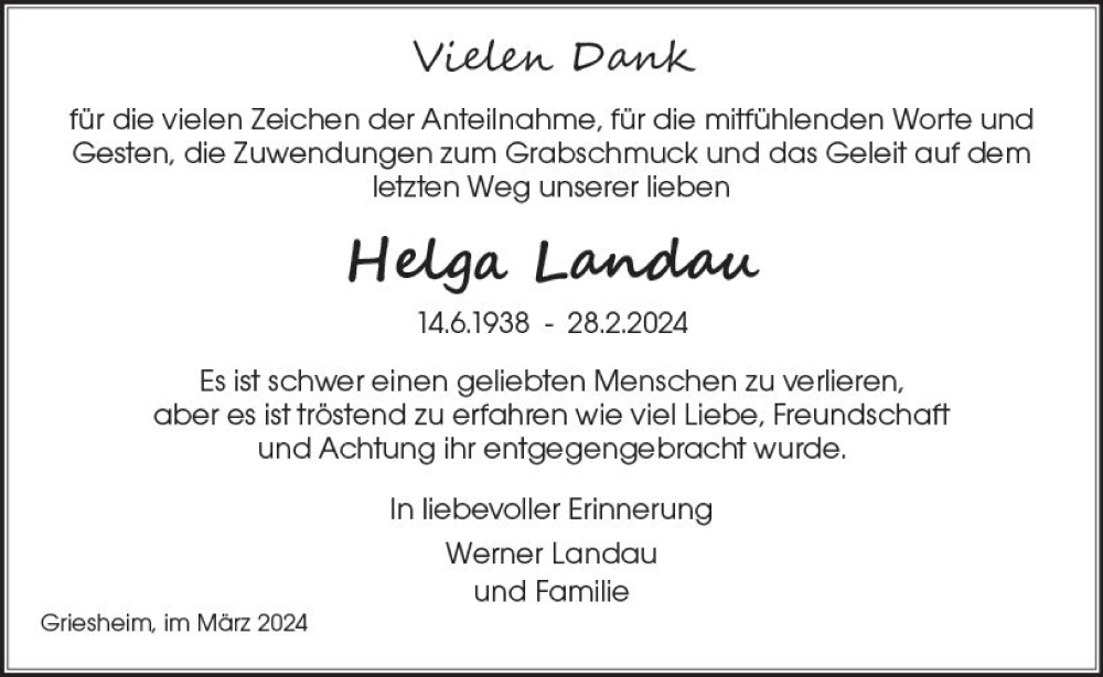  Traueranzeige für Helga Landau vom 16.03.2024 aus Darmstädter Echo