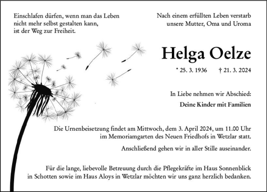 Traueranzeige von Helga Oelze von Wetzlarer Neue Zeitung