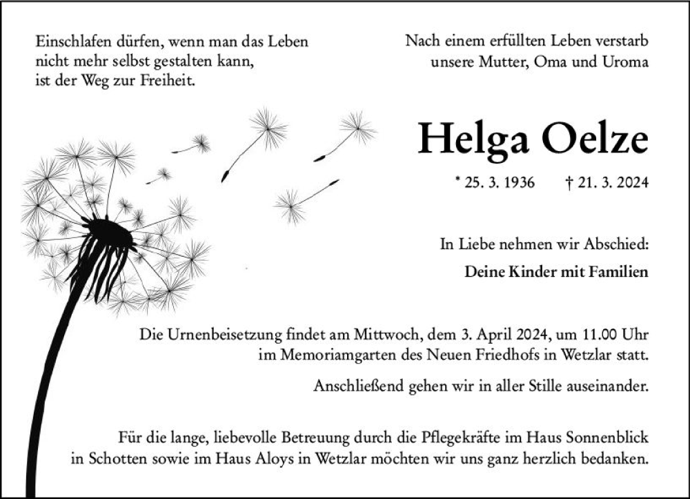  Traueranzeige für Helga Oelze vom 30.03.2024 aus Wetzlarer Neue Zeitung