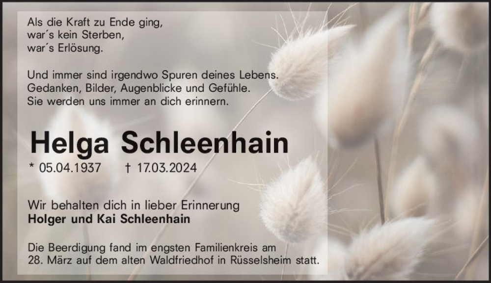  Traueranzeige für Helga Schleenhain vom 30.03.2024 aus Rüsselsheimer Echo