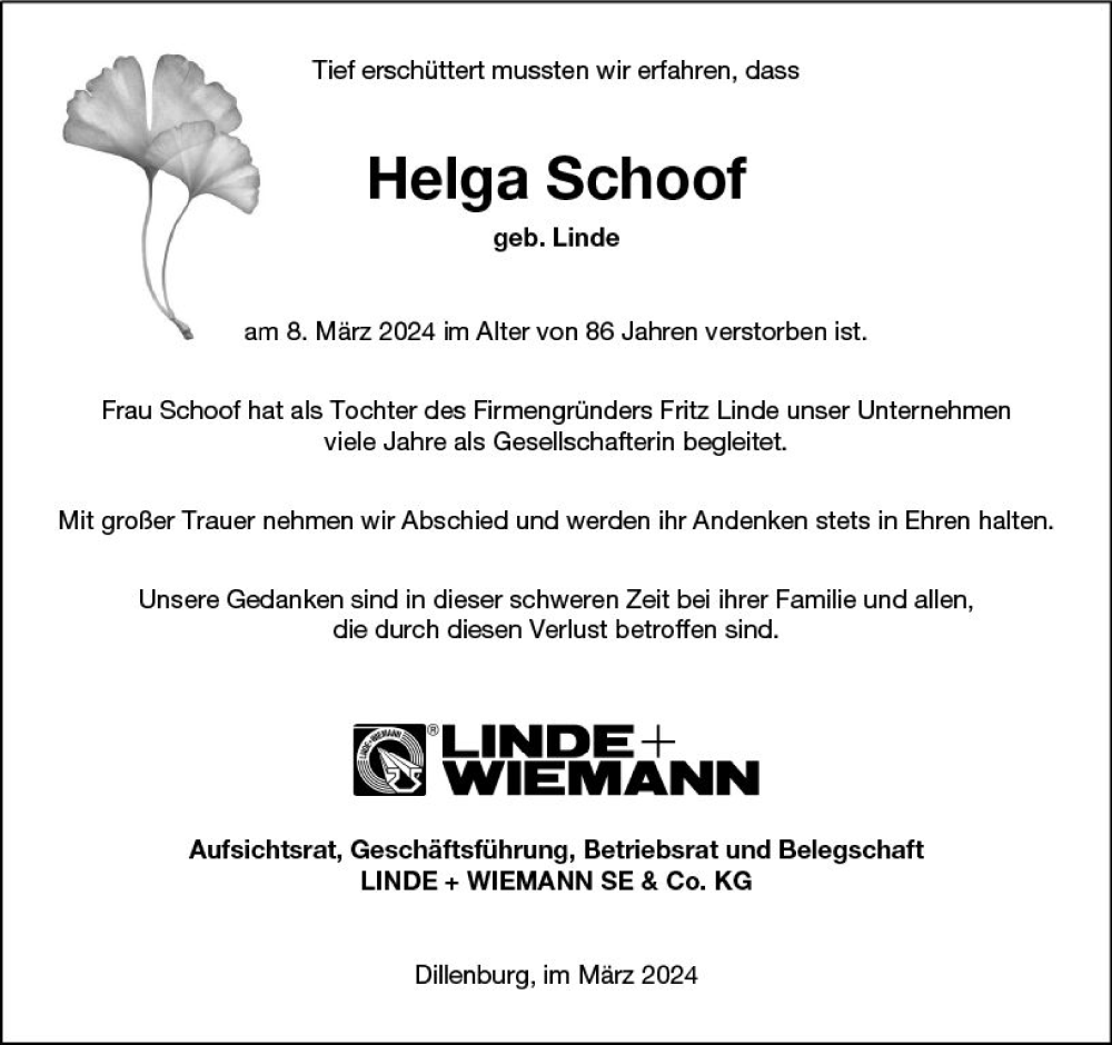  Traueranzeige für Helga Schoof vom 15.03.2024 aus Dill Block