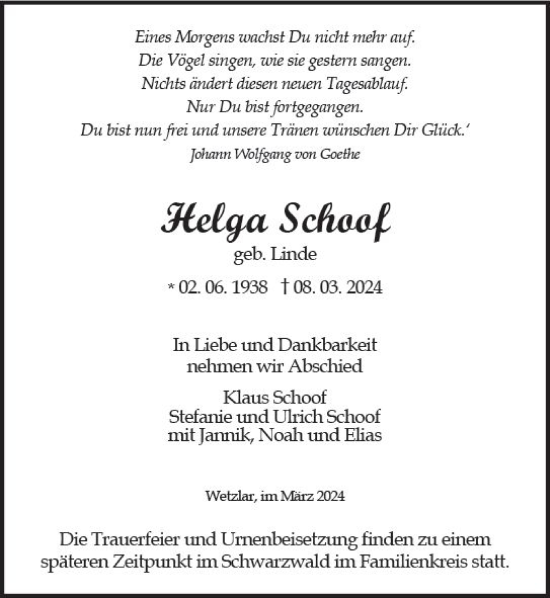 Traueranzeige von Helga Schoof von Dill Block