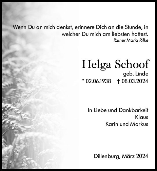 Traueranzeige von Helga Schoof von Dill Block