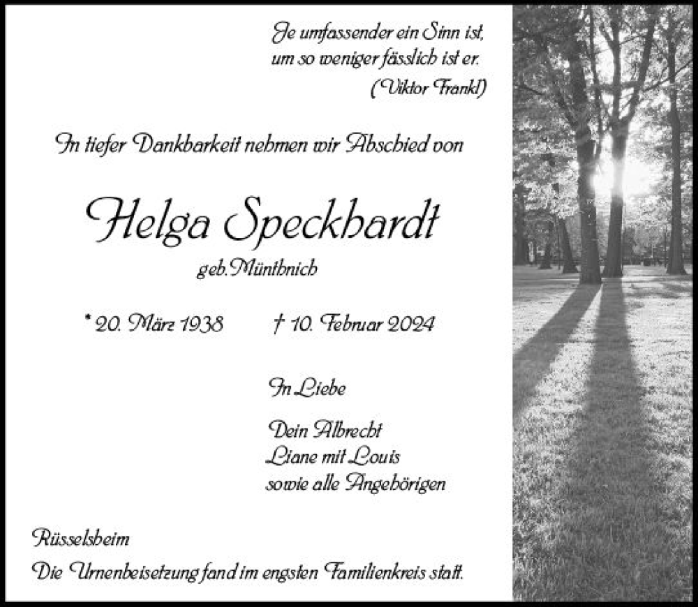  Traueranzeige für Helga Speckhardt vom 02.03.2024 aus Rüsselsheimer Echo