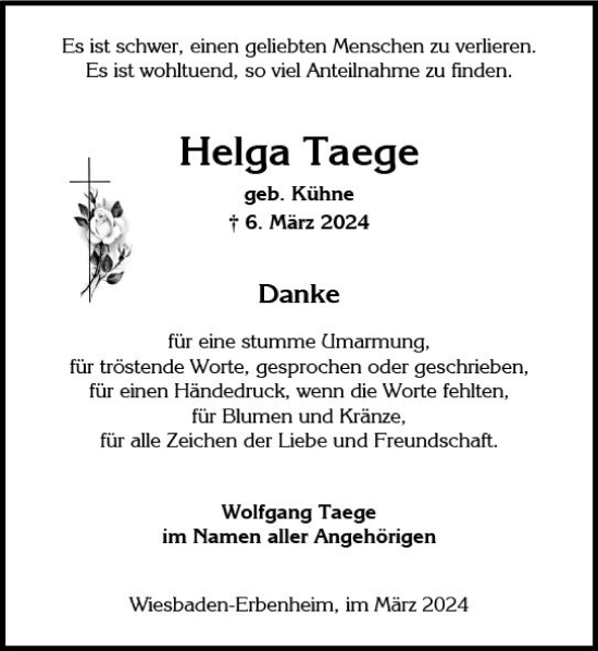 Traueranzeige von Helga Taege von Wiesbadener Kurier