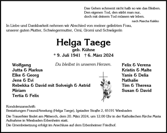 Traueranzeige von Helga Taege von Wiesbadener Kurier