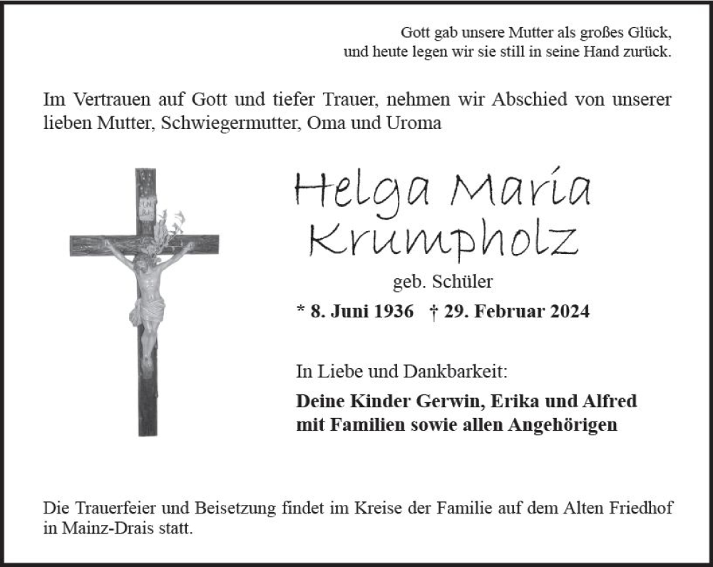  Traueranzeige für Helga Maria Krumpholz vom 23.03.2024 aus Allgemeine Zeitung Mainz